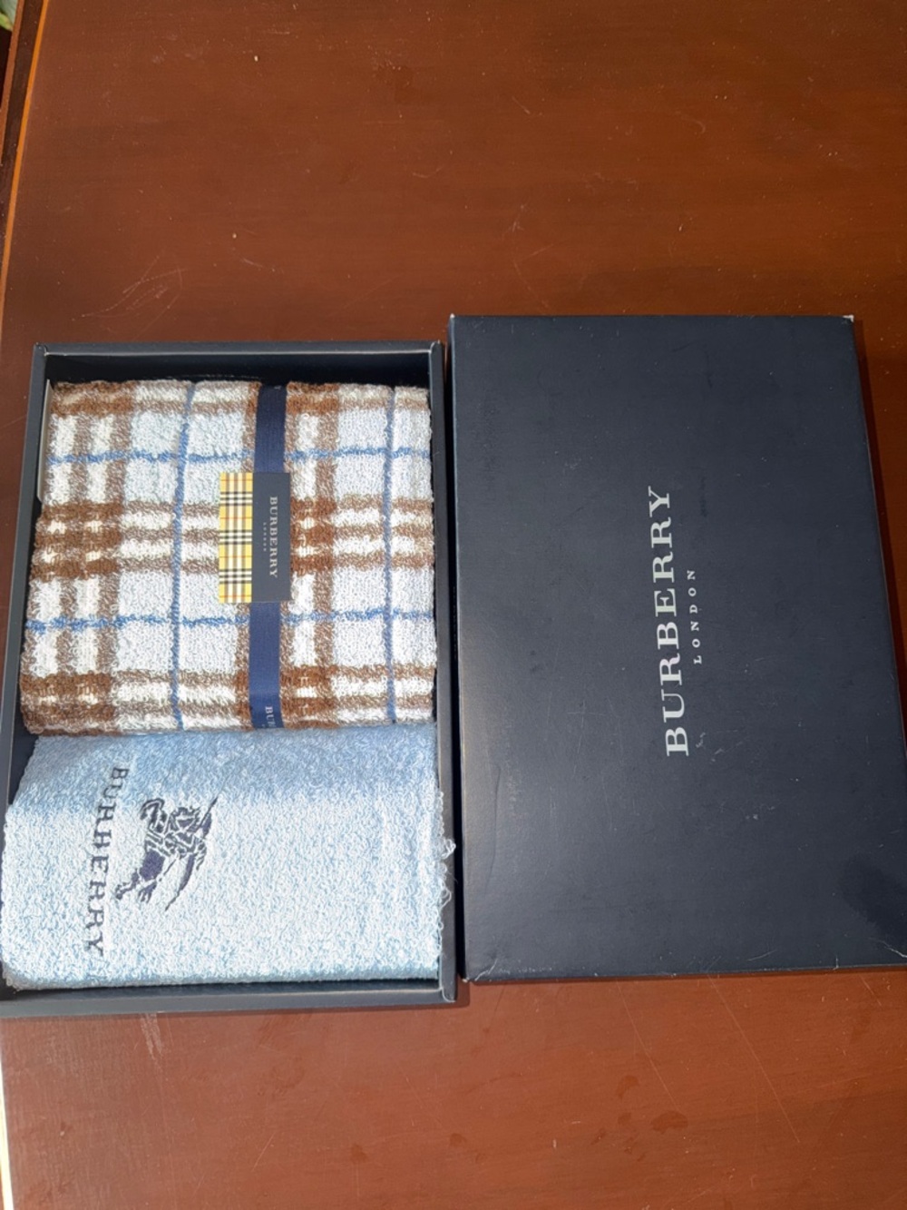 Burberry Brown, Light Blue and White Plaid & Embroidered Bath Towels